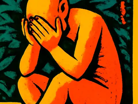 Pop-art illustration of a person curled up with their knees drawn in and their hands over their face.