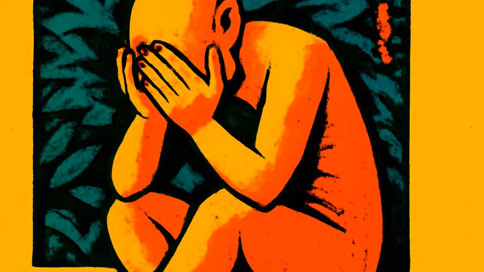 Pop-art illustration of a person curled up with their knees drawn in and their hands over their face.