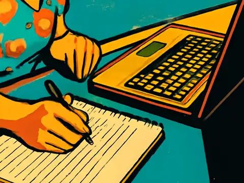 Pop-art illustration of a pair of hands writing on a lined pad beside a laptop.