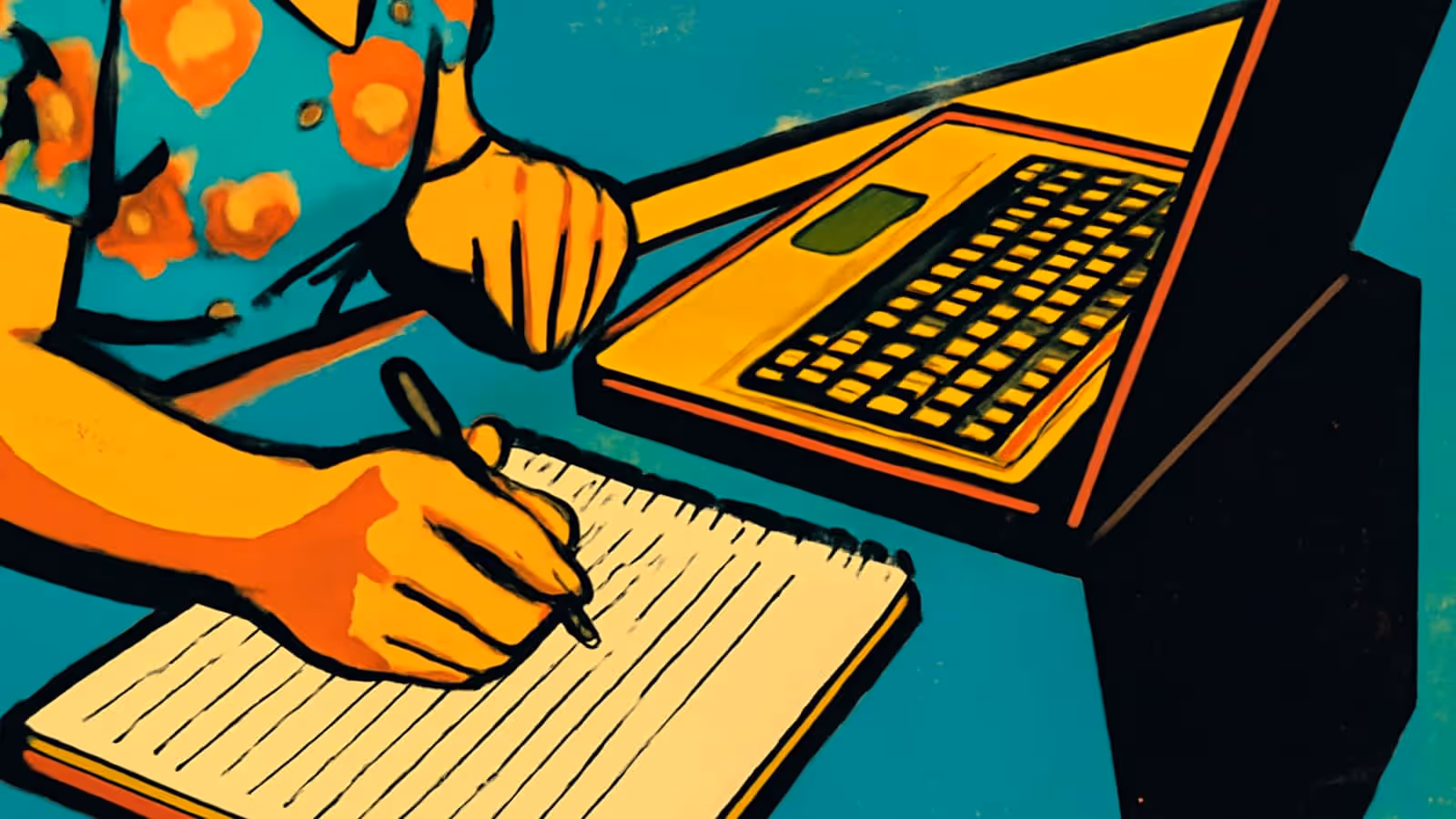 Pop-art illustration of a pair of hands writing on a lined pad beside a laptop.