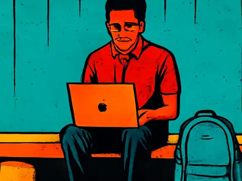 Pop-art illustration of a student sitting on a step with a laptop on his knees and a backpack beside him.