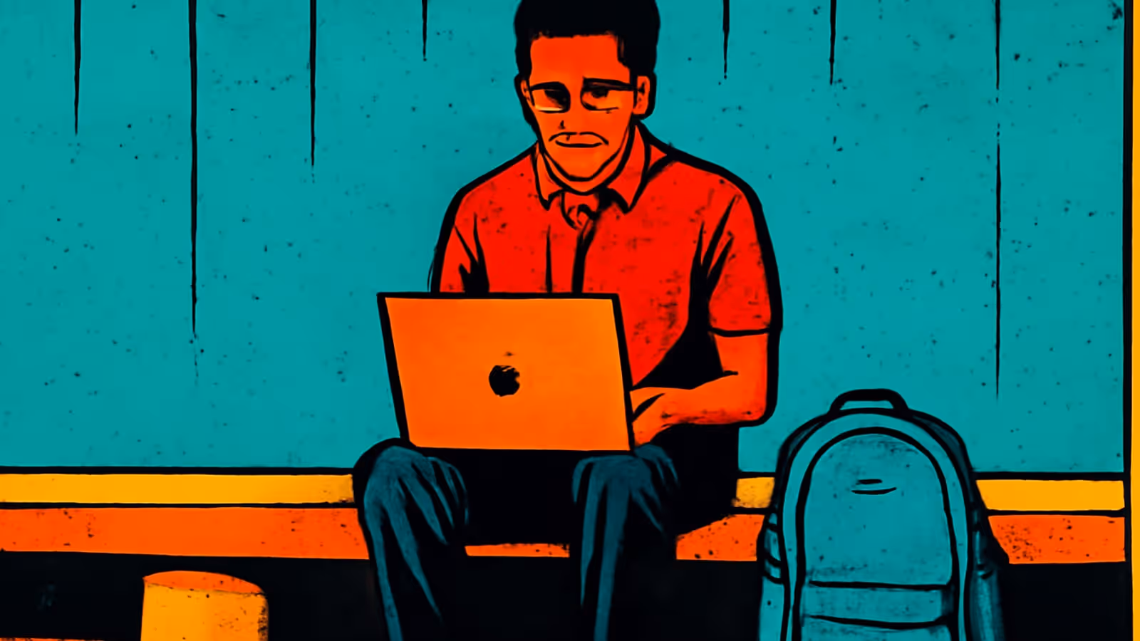 Pop-art illustration of a student sitting on a step with a laptop on his knees and a backpack beside him.