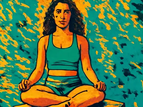 Pop-art illustration of a woman sitting cross-legged outdoors with her hands resting on her knees.