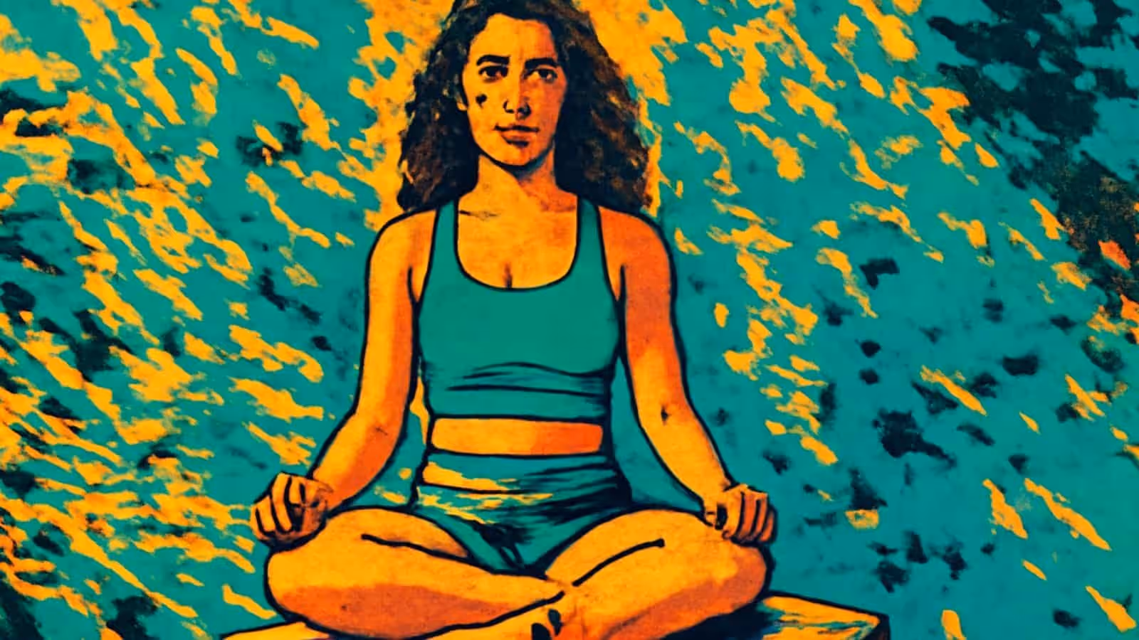 Pop-art illustration of a woman sitting cross-legged outdoors with her hands resting on her knees.