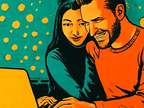 Pop-art illustration of a couple looking at a laptop together.