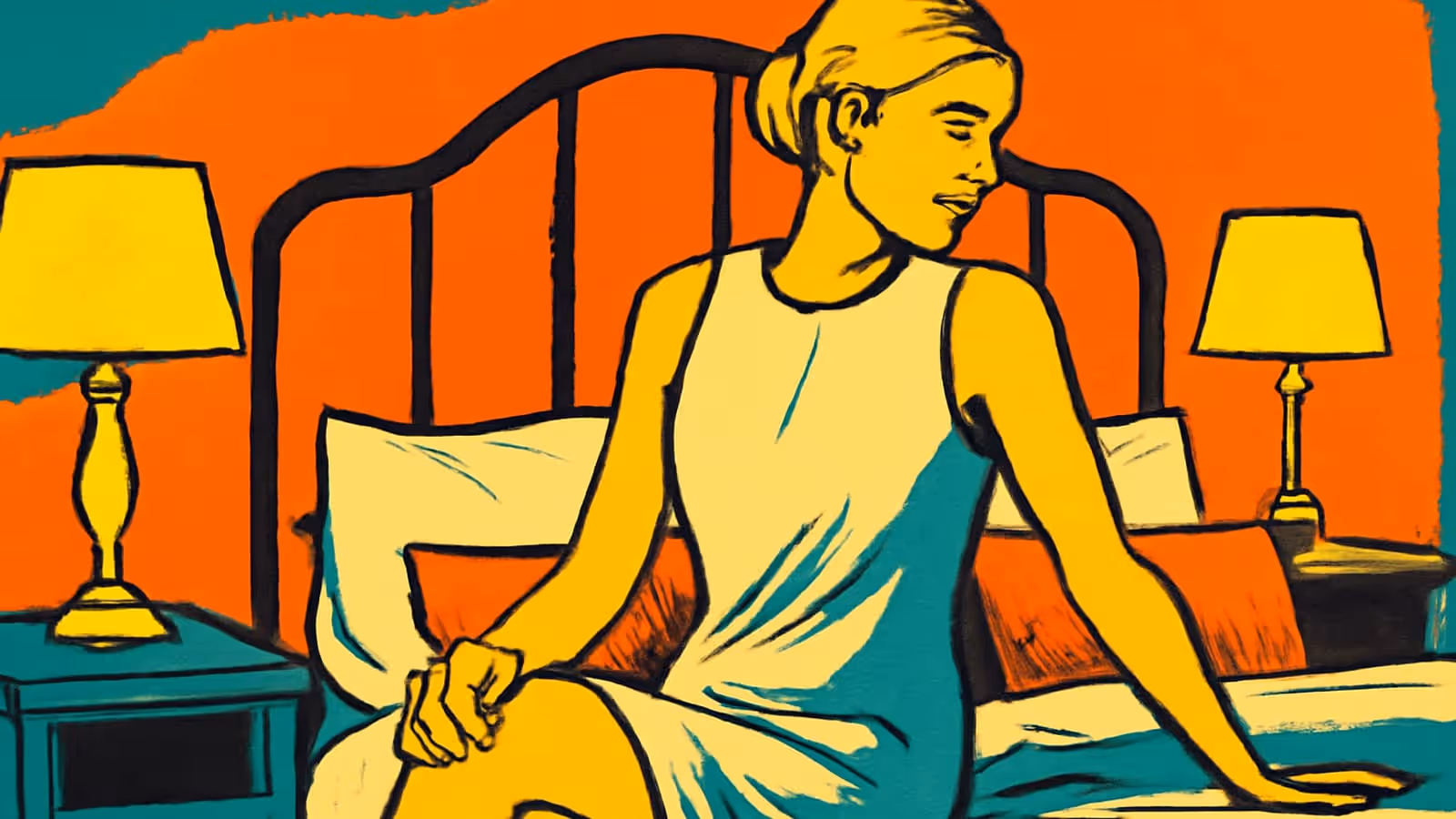 Pop-art illustration of a woman sitting up in bed between two lit bedside lamps.