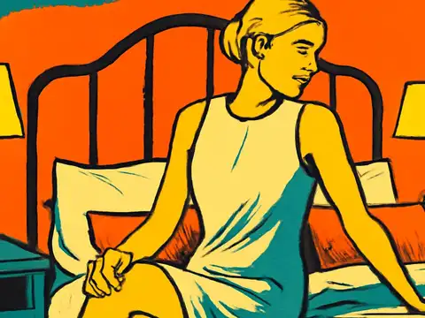Pop-art illustration of a woman sitting up in bed between two lit bedside lamps.