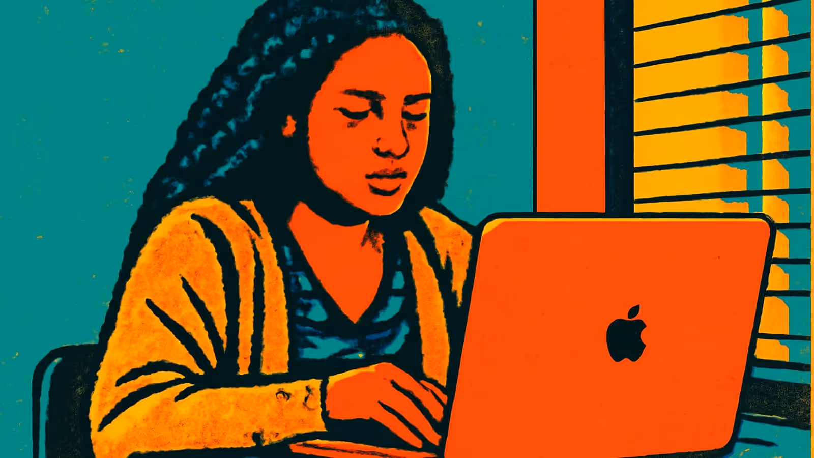 Pop-art illustration of a woman working at a laptop beside a window.