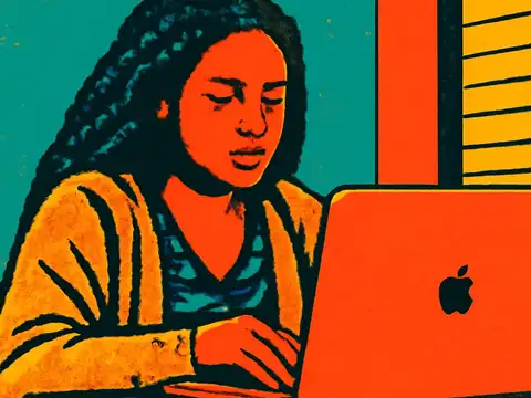 Pop-art illustration of a woman working at a laptop beside a window.