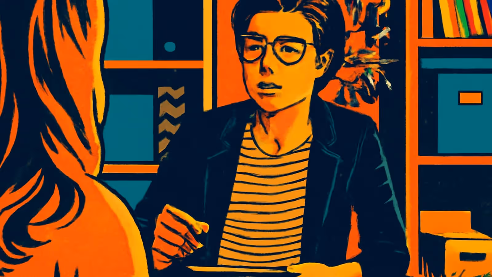Pop-art illustration of two people talking across a small table in a therapy session.
