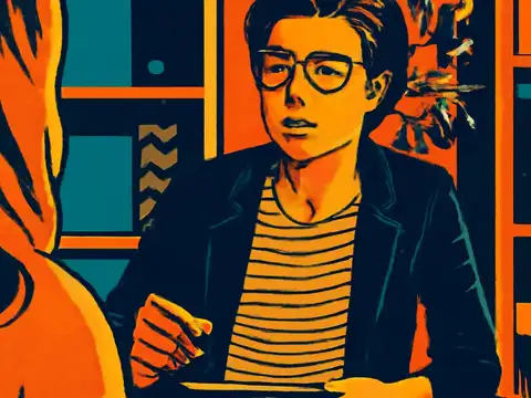 Pop-art illustration of two people talking across a small table in a therapy session.