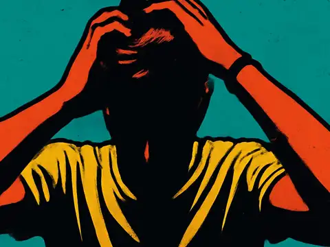 Pop-art illustration of a person with both hands gripping their head, face in shadow, against a flat teal background.