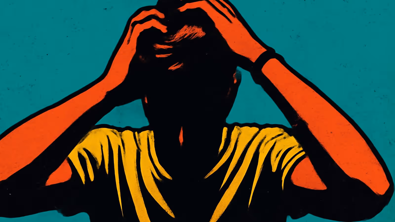 Pop-art illustration of a person with both hands gripping their head, face in shadow, against a flat teal background.