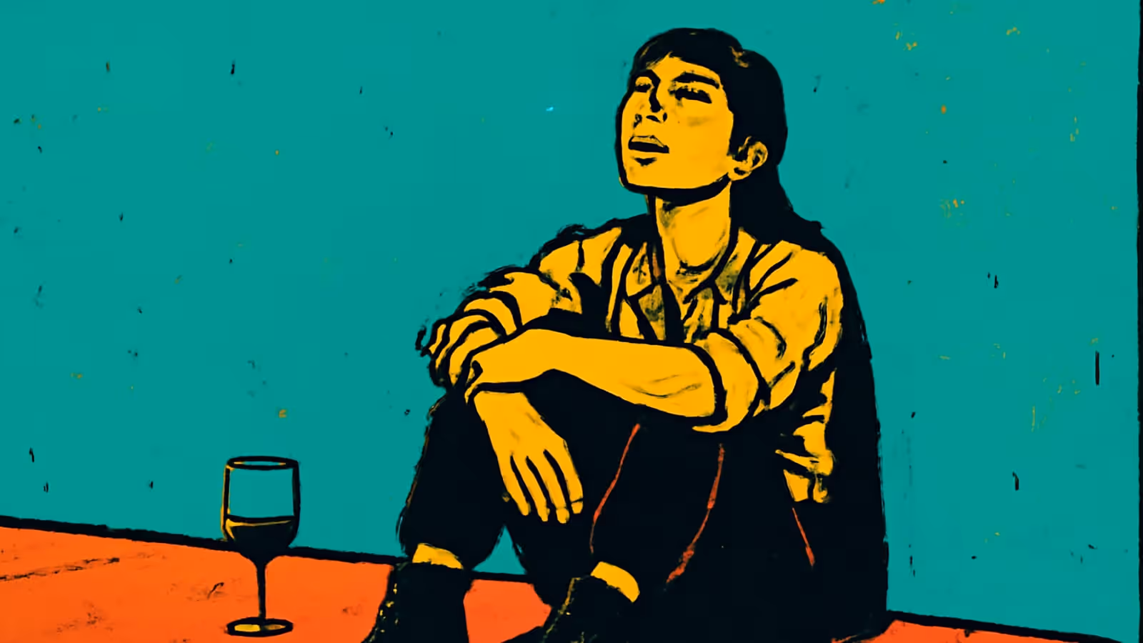 Pop-art illustration of a person sitting on the floor against a plain wall with their arms around their knees, a glass on the ground beside them.