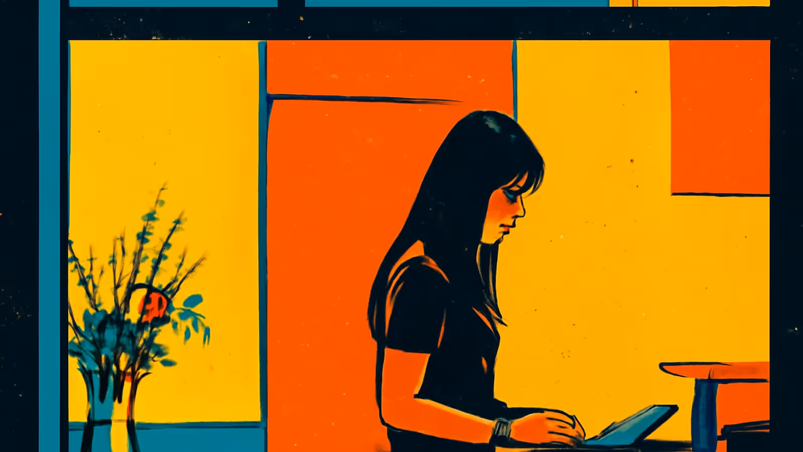 A woman seen in profile working at a laptop beside a window, rendered as a flat orange, yellow and teal illustration.