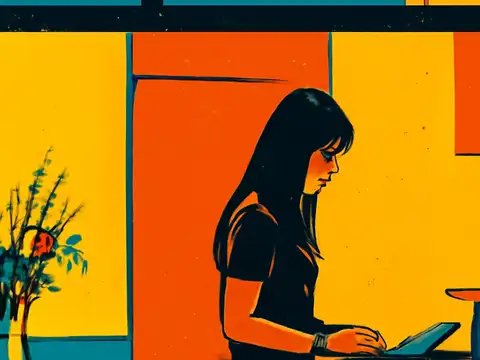 A woman seen in profile working at a laptop beside a window, rendered as a flat orange, yellow and teal illustration.