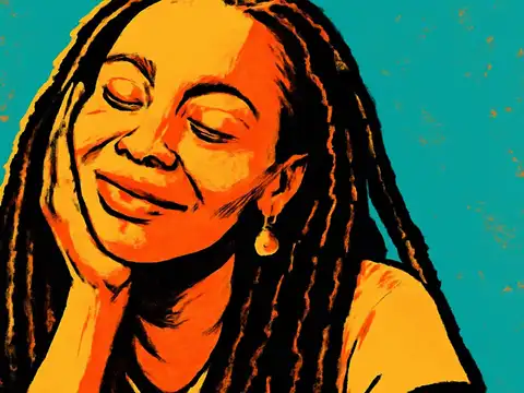 Pop-art illustration of a Black woman with long locs resting her cheek on one hand, eyes closed.