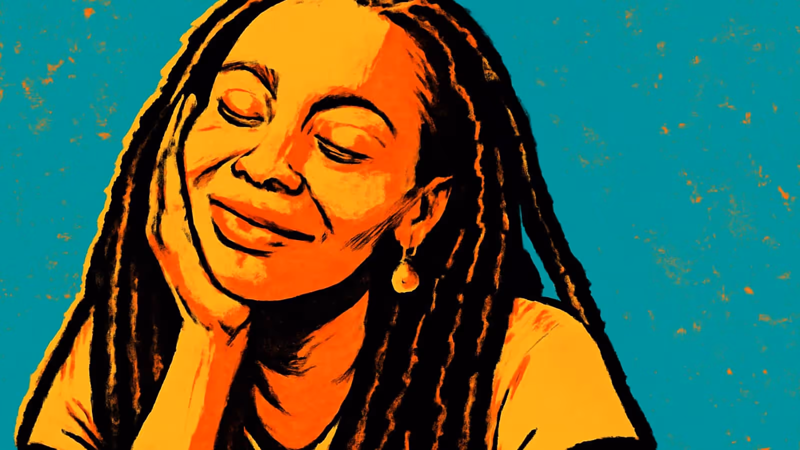 Pop-art illustration of a Black woman with long locs resting her cheek on one hand, eyes closed.