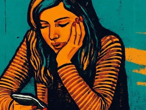 Pop-art illustration of a person resting their cheek on one hand and looking down at a phone held in the other, against a teal wall.