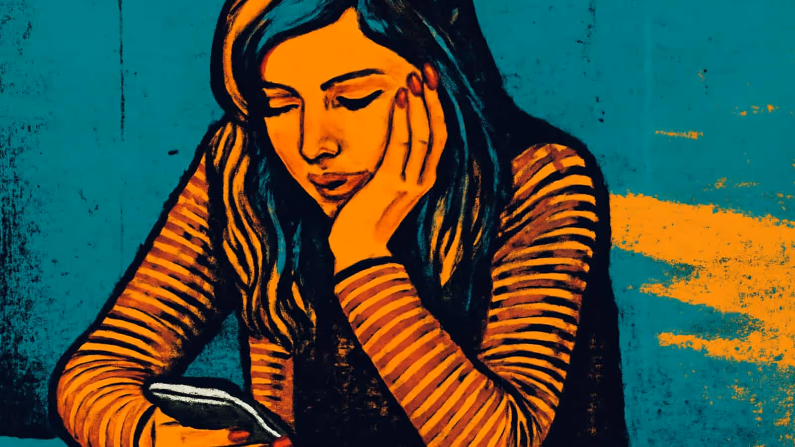 Pop-art illustration of a person resting their cheek on one hand and looking down at a phone held in the other, against a teal wall.