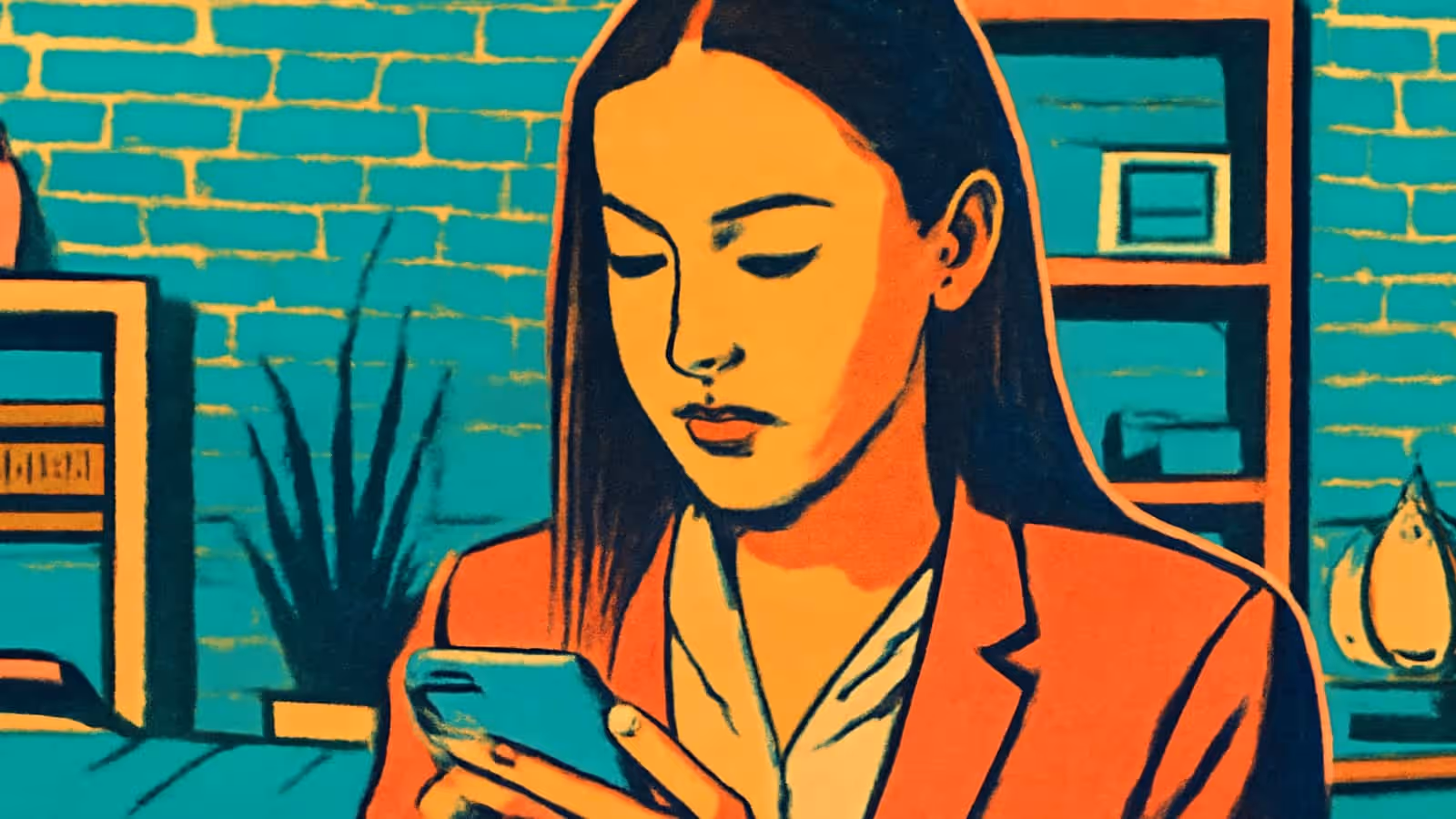 Pop-art illustration of a person in an office reading something on a phone, eyes lowered, against a teal brick wall.