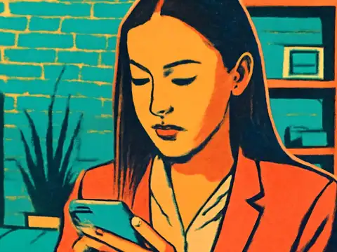 Pop-art illustration of a person in an office reading something on a phone, eyes lowered, against a teal brick wall.