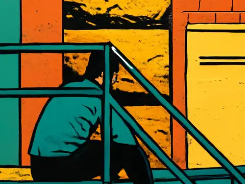 Pop-art illustration of a person sitting on outdoor steps behind a railing, seen from behind with their head lowered.