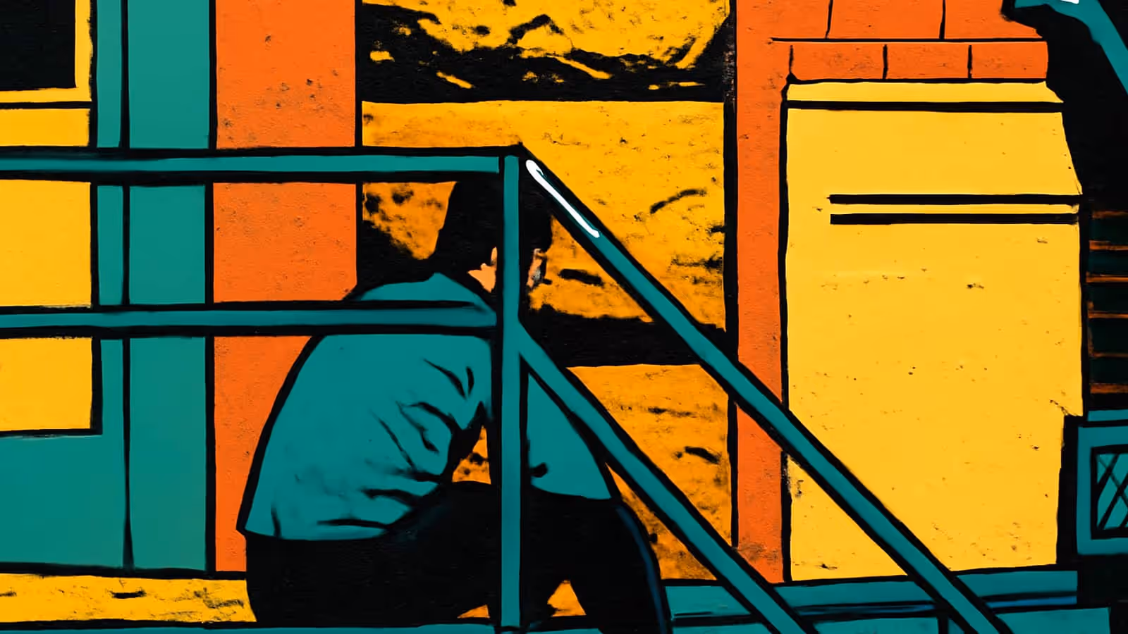 Pop-art illustration of a person sitting on outdoor steps behind a railing, seen from behind with their head lowered.