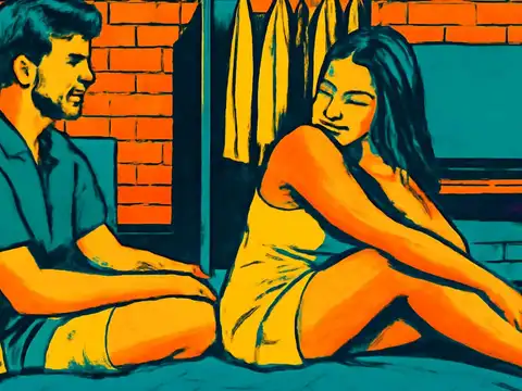 Pop-art illustration of two people sitting on a bed facing each other, one reaching a hand out, the other looking down.