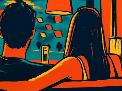 Pop-art illustration of two people sitting together on a sofa, seen from behind.