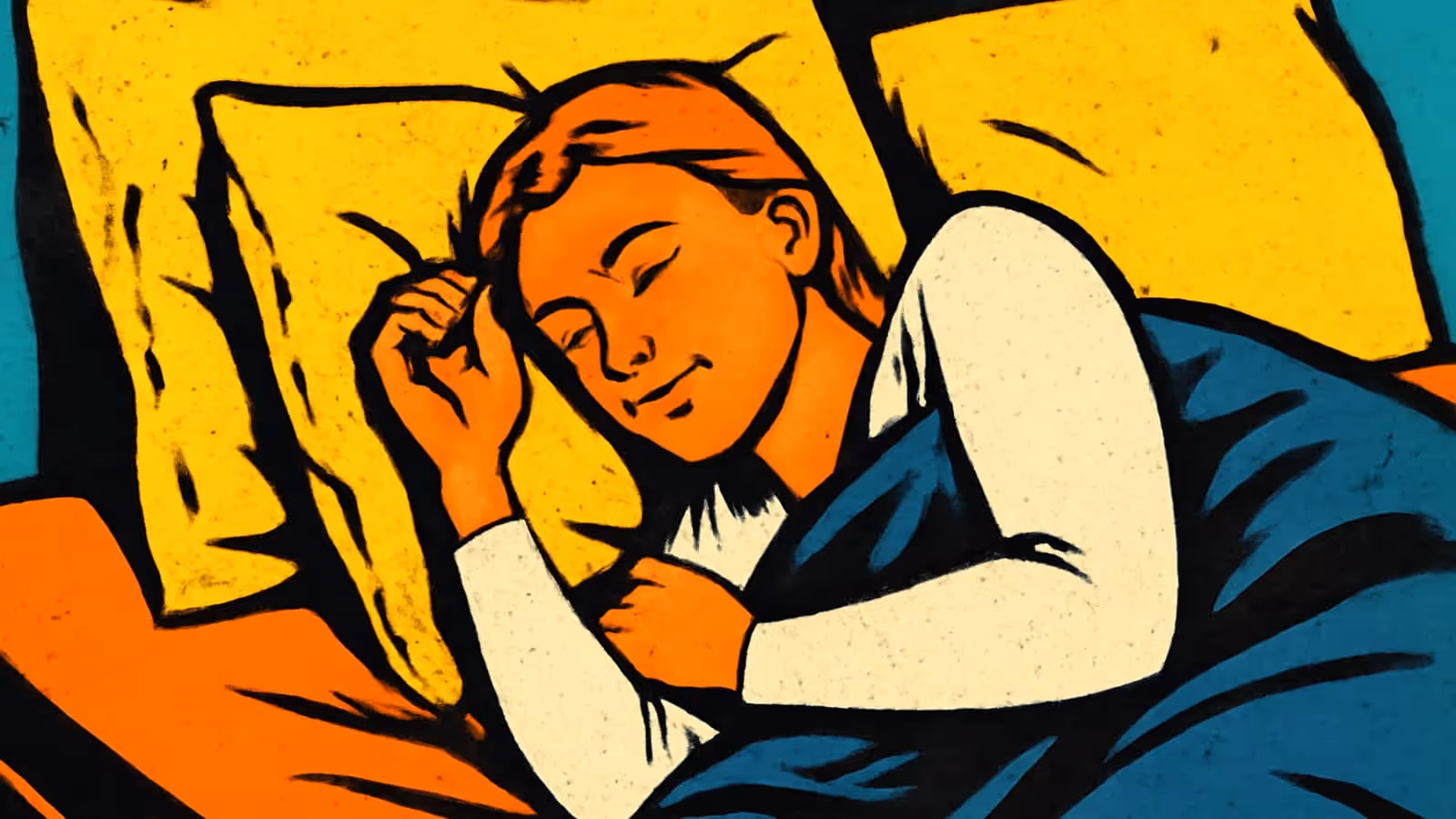 Pop-art illustration of a person lying on their side in bed with their eyes closed, head resting on a yellow pillow.