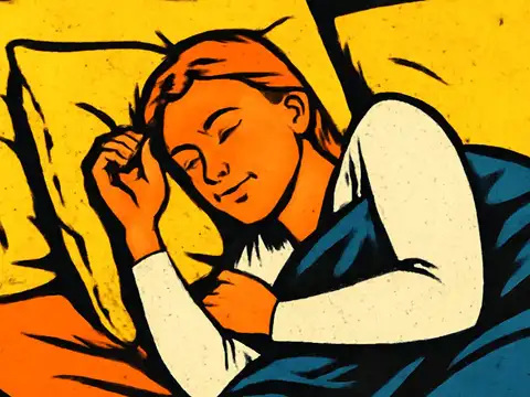 Pop-art illustration of a person lying on their side in bed with their eyes closed, head resting on a yellow pillow.