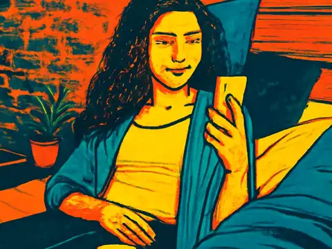 Pop-art illustration of a person with long curly hair propped against pillows in bed, holding a phone and looking at the screen.