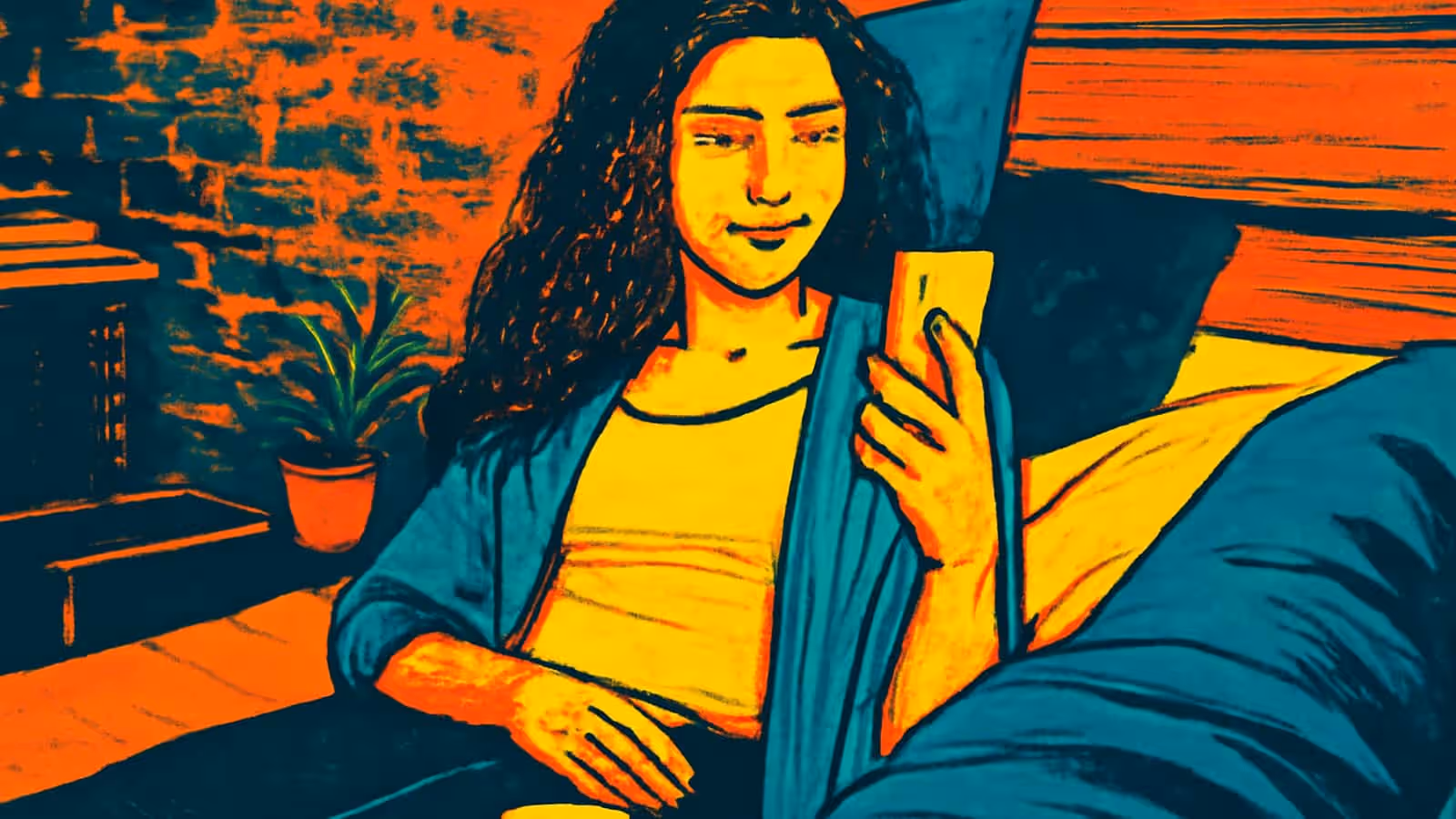 Pop-art illustration of a person with long curly hair propped against pillows in bed, holding a phone and looking at the screen.