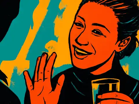 Pop-art illustration of a person holding a glass and gesturing mid-conversation, with the back of another head in the foreground.