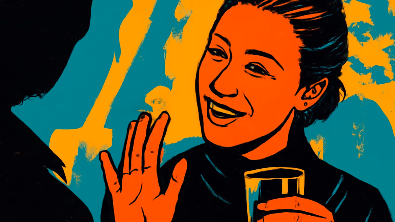 Pop-art illustration of a person holding a glass and gesturing mid-conversation, with the back of another head in the foreground.