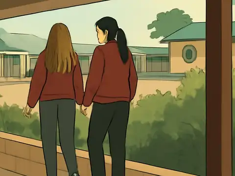Flat illustration of two students in red jackets and dark trousers, seen from behind, walking side by side beside a low wall, with single-storey school buildings and green shrubs ahead.