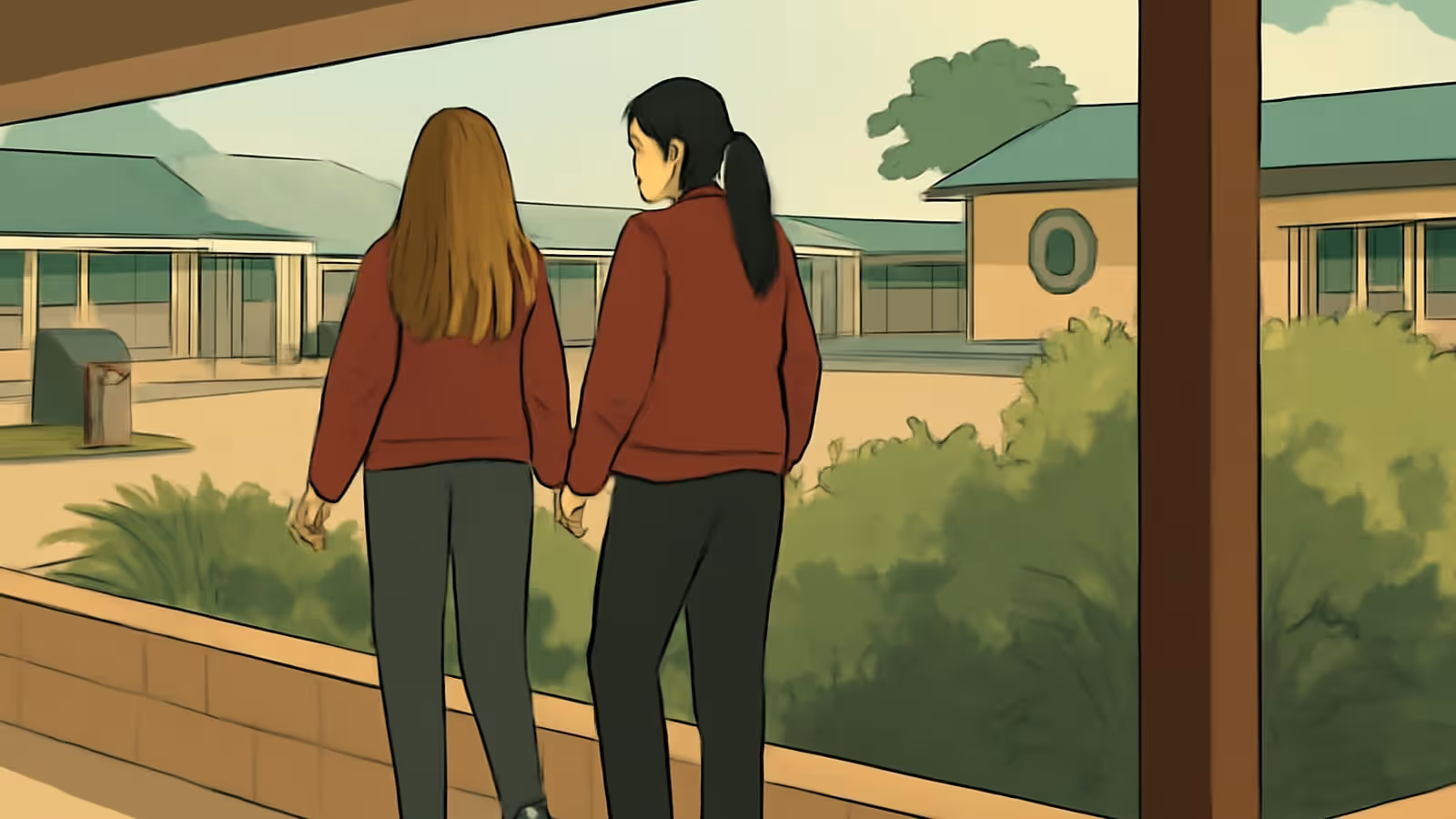 Flat illustration of two students in red jackets and dark trousers, seen from behind, walking side by side beside a low wall, with single-storey school buildings and green shrubs ahead.