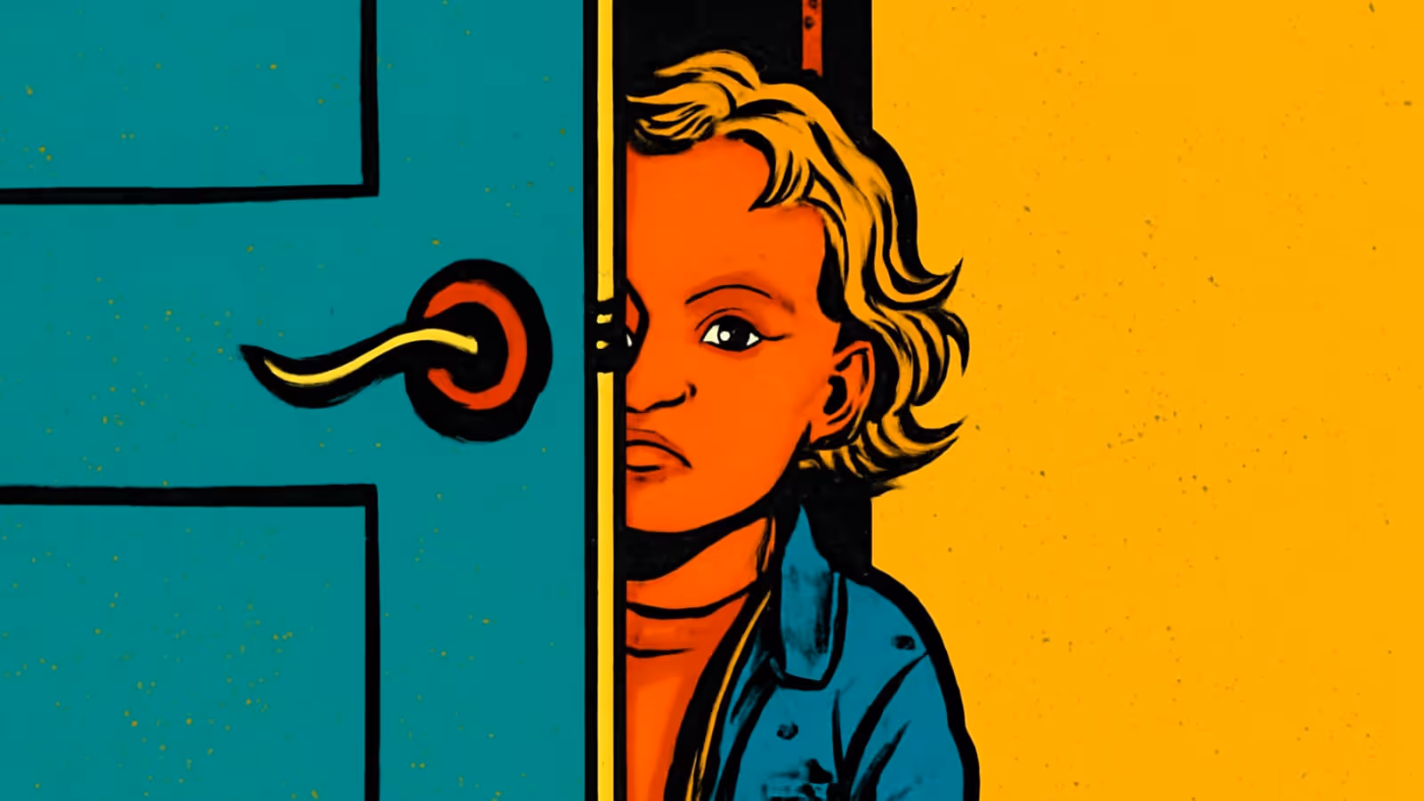 Pop-art illustration of a young child with curly blond hair peeking apprehensively from behind a partly open teal door, one eye and half the face visible, wearing a blue denim jacket, against a bright yellow background.