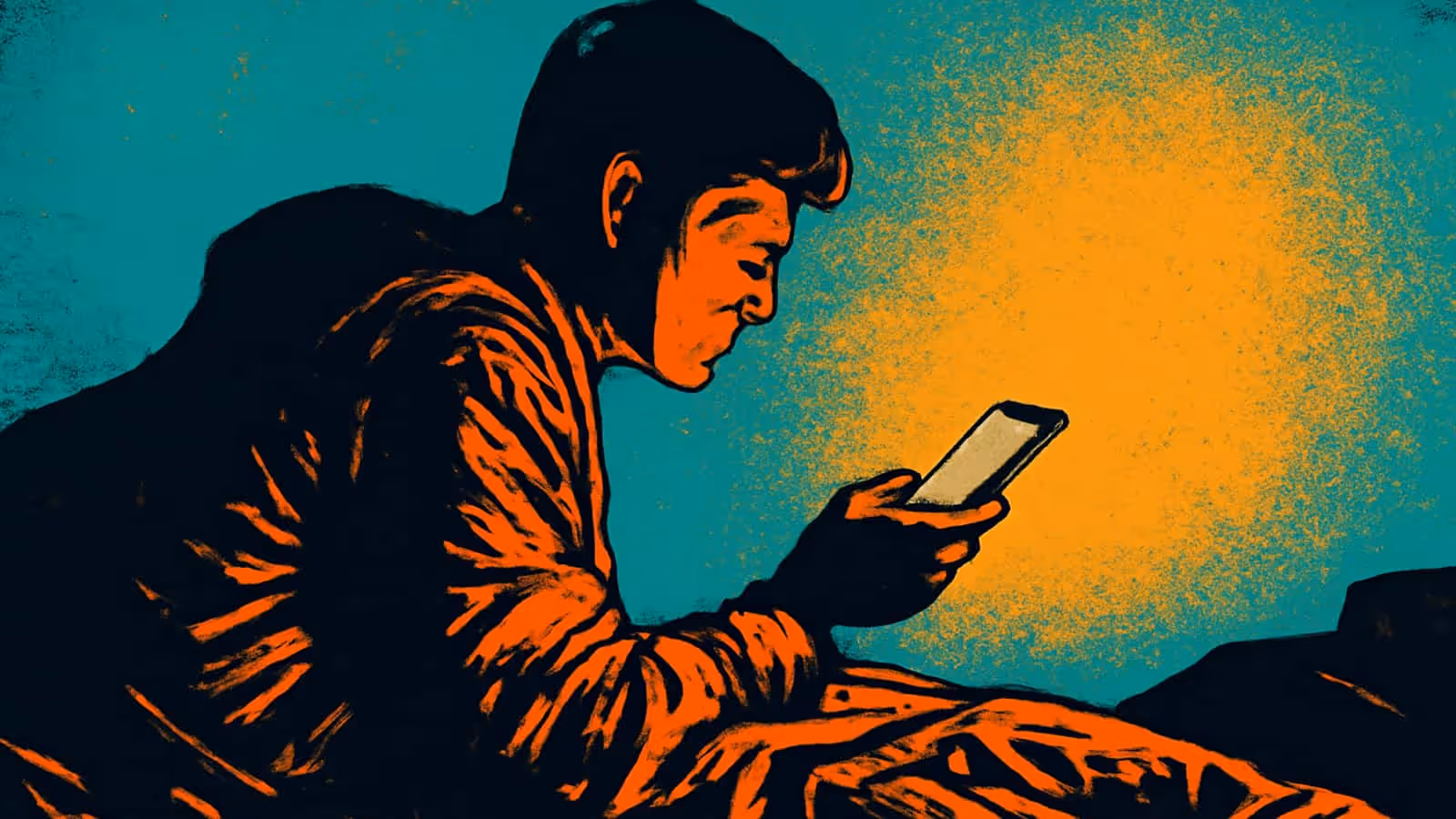 Pop-art illustration of a person sitting up in bed under a duvet, lit by the glow of the phone they are holding.