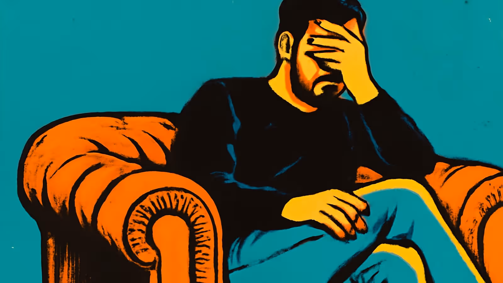 Pop-art illustration of a bearded man sitting back on an orange armchair against a teal background, one hand covering his eyes.