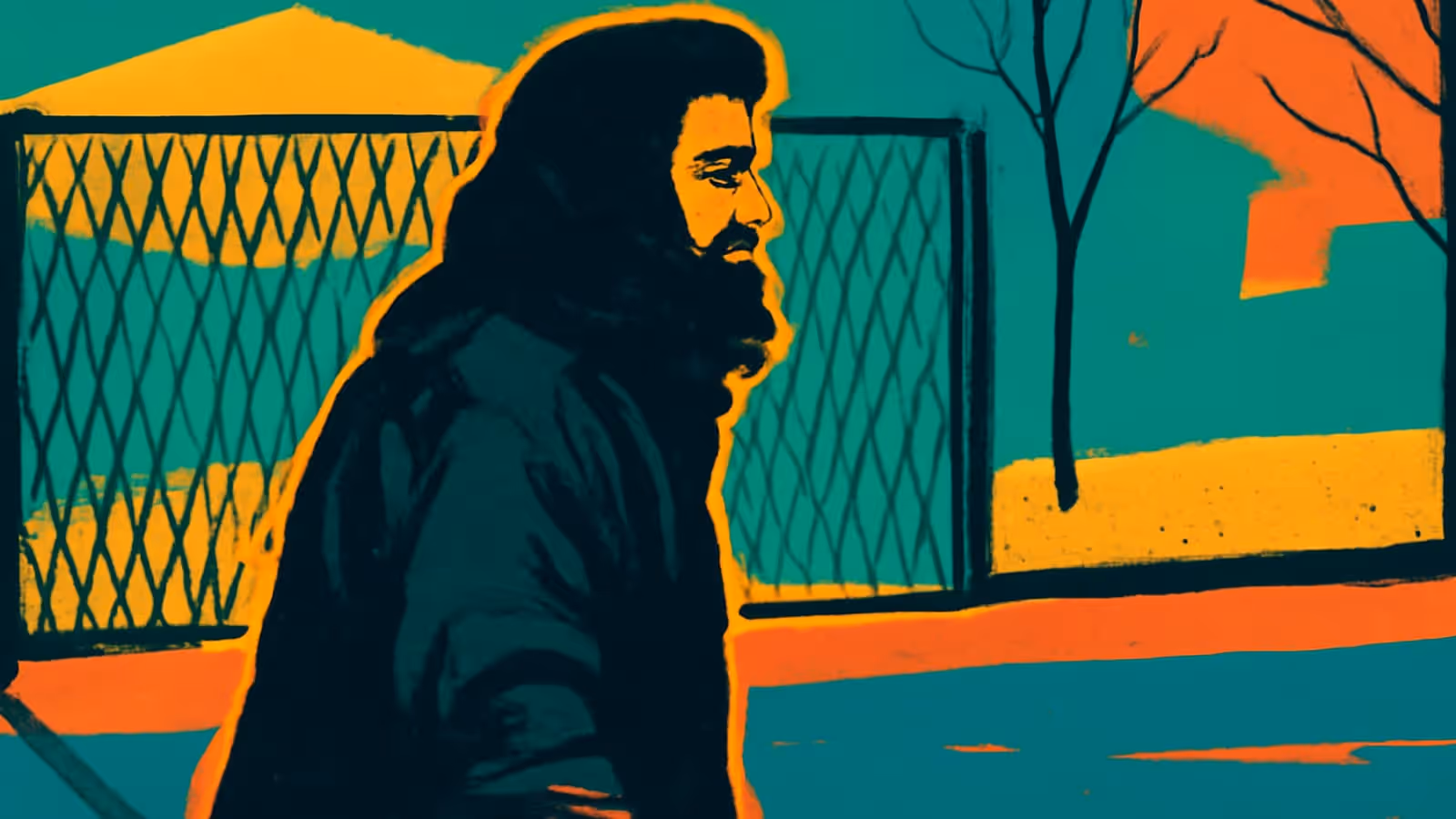 Pop-art illustration of a person in a heavy coat walking outdoors in profile, past a bare tree and a wire fence.