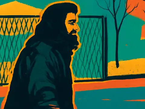 Pop-art illustration of a person in a heavy coat walking outdoors in profile, past a bare tree and a wire fence.