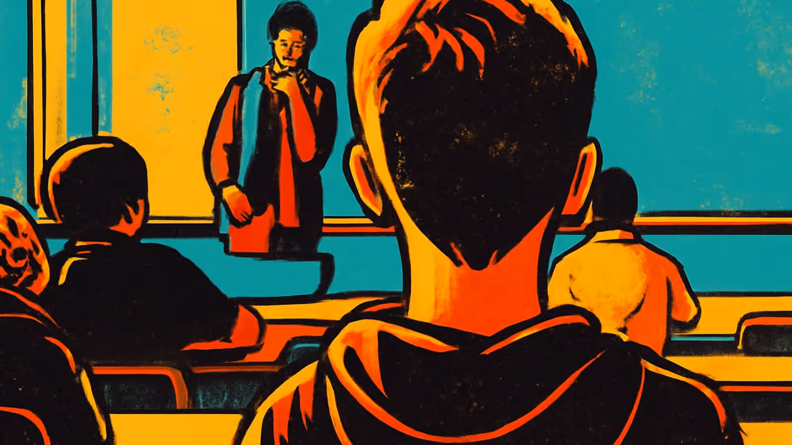 Flat pop-art illustration in teal, orange and yellow. A classroom seen from behind a child in a hooded top, with other children at desks and an adult standing at the front of the room.