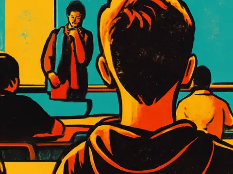 Flat pop-art illustration in teal, orange and yellow. A classroom seen from behind a child in a hooded top, with other children at desks and an adult standing at the front of the room.