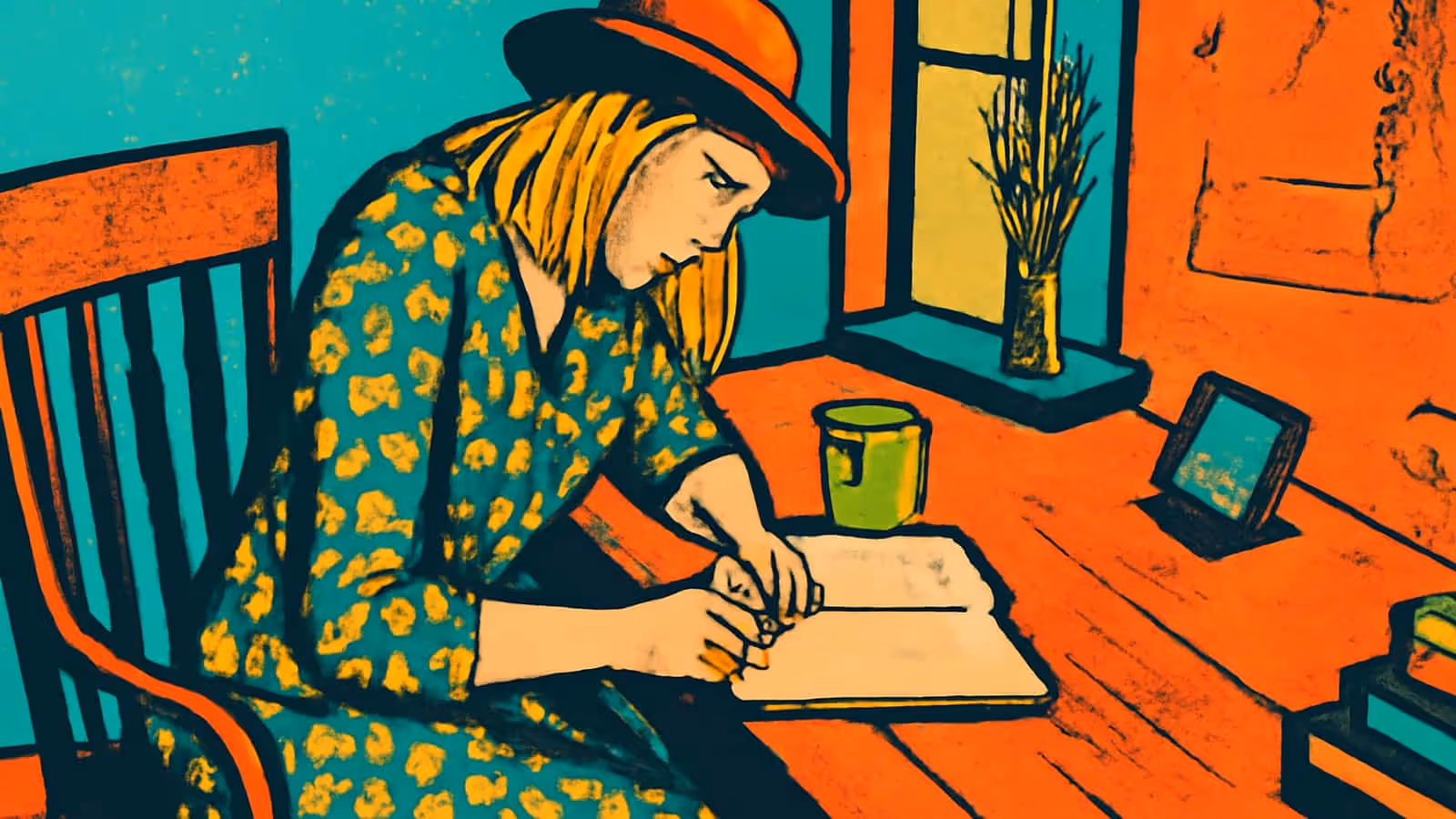Pop-art illustration of a woman in a hat sitting at a wooden table by a window, writing in an open notebook beside a mug.
