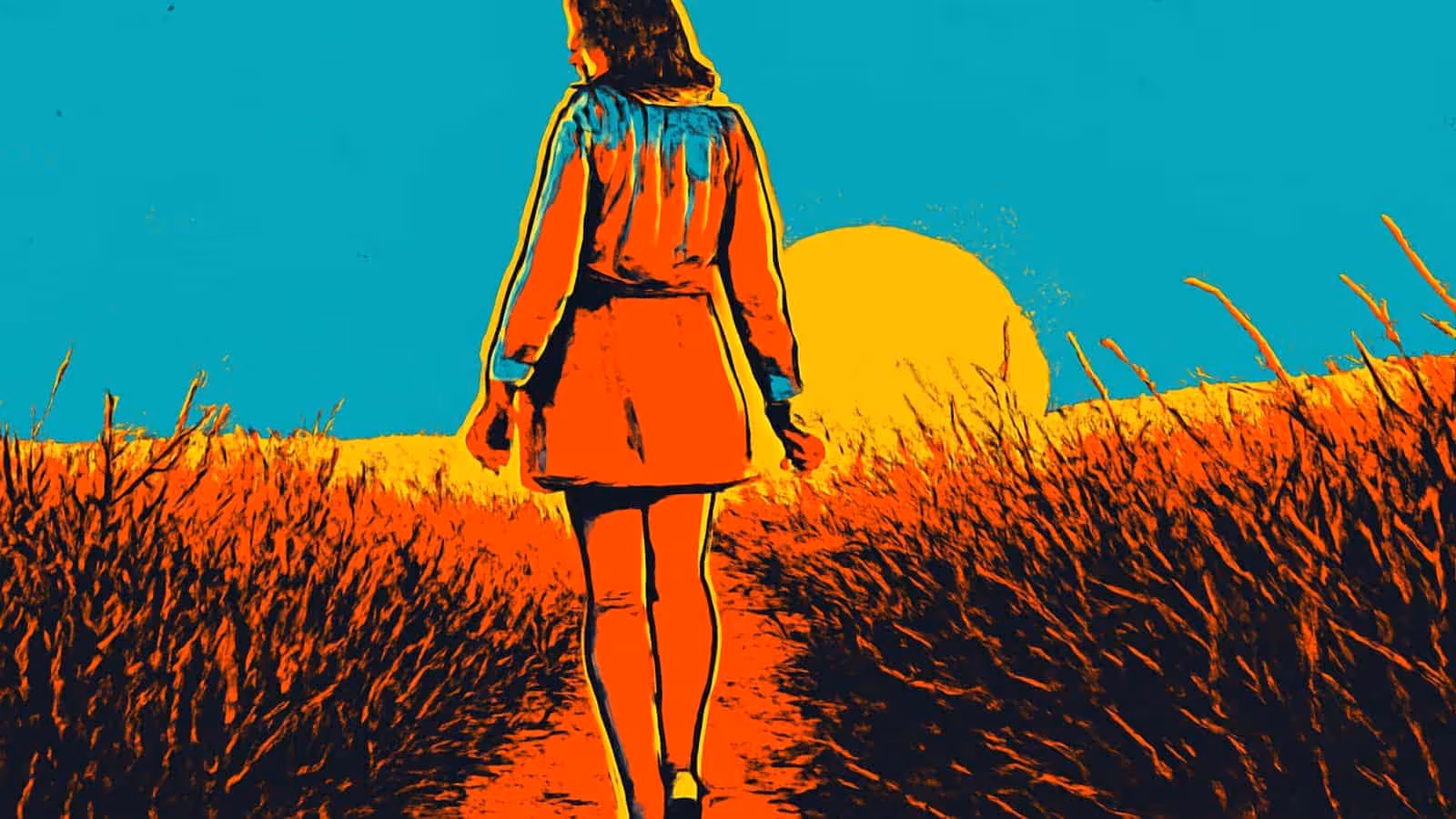 Pop-art illustration of a woman walking away from the viewer along a path through tall grass, towards a low sun.