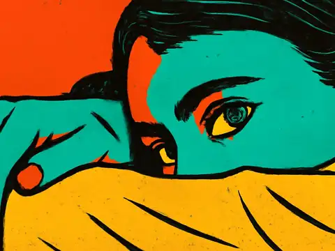 Close-cropped pop-art illustration of a face with the lower half hidden behind a raised yellow sleeve, one eye visible above it, against a flat orange background.