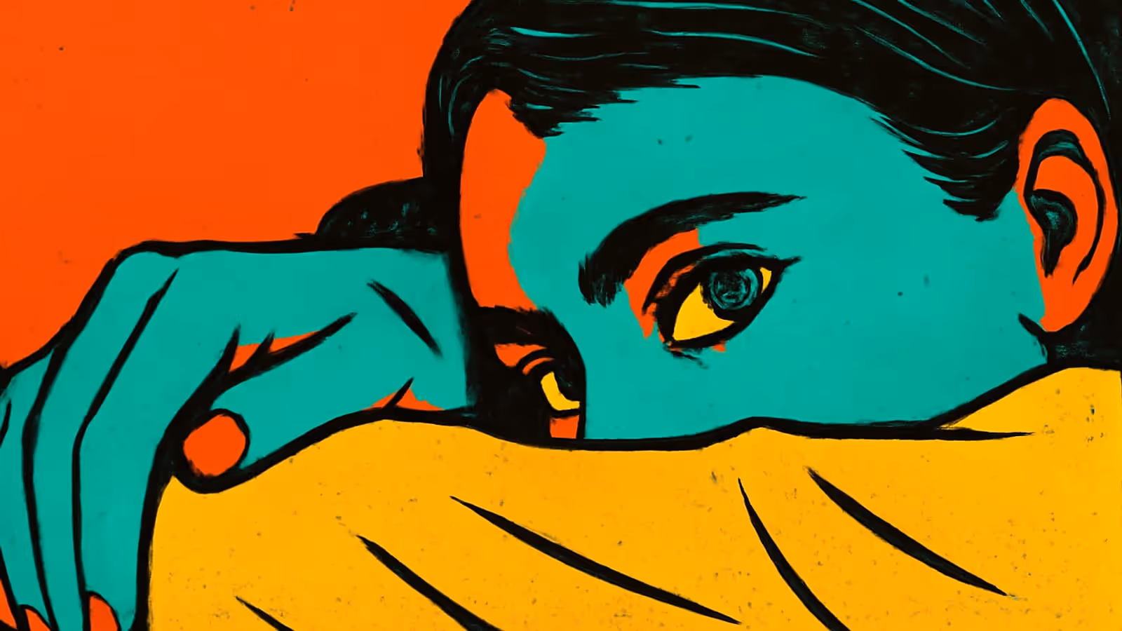 Close-cropped pop-art illustration of a face with the lower half hidden behind a raised yellow sleeve, one eye visible above it, against a flat orange background.