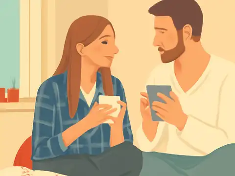 Flat vector illustration of two people sitting close and facing each other, one with long hair in a blue checked shirt holding a white mug and one with short hair and a beard in a cream sweater, with a window and a plant behind them, in warm cream, orange and teal.